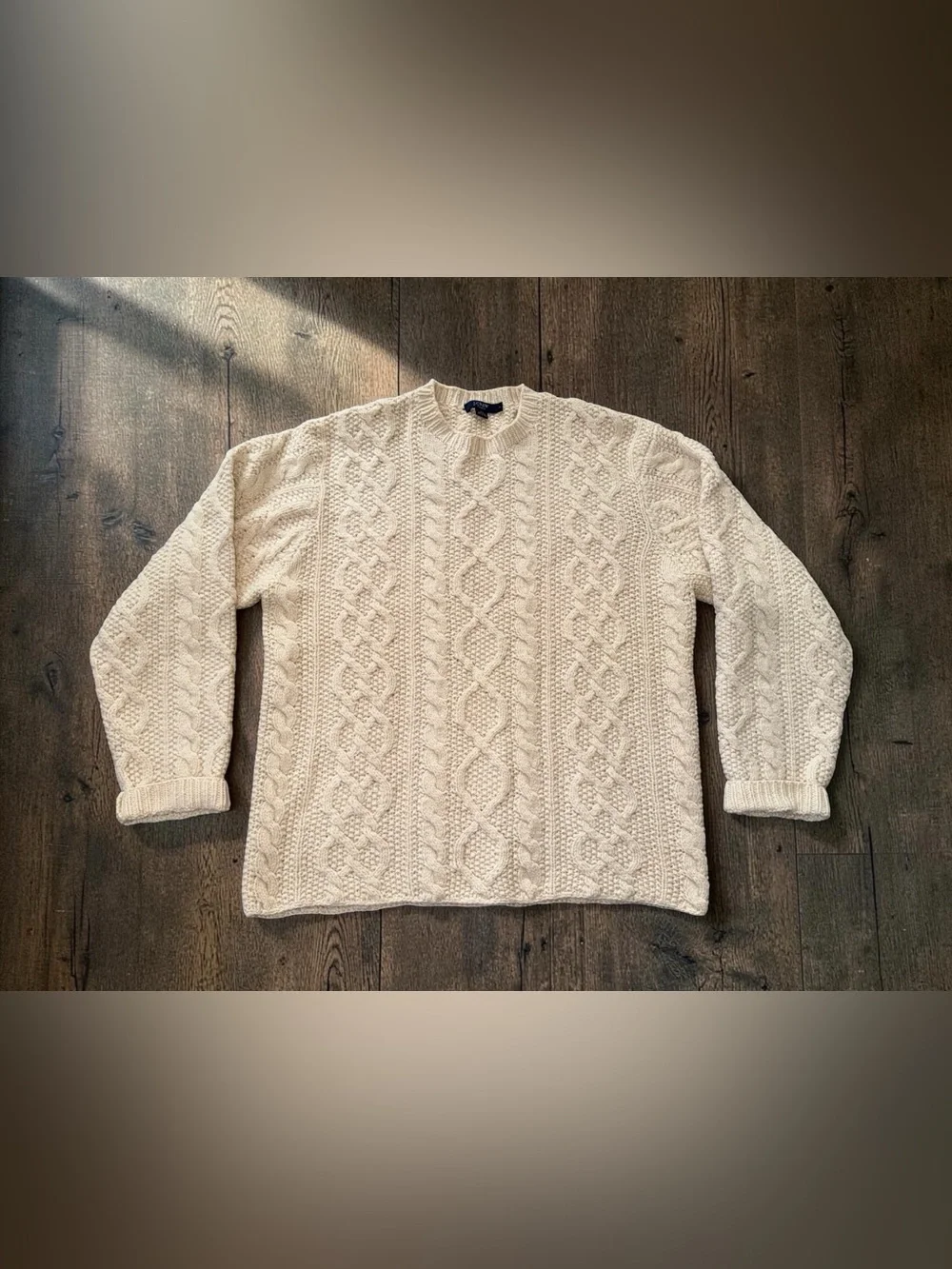 J.Crew Handknit Men’s Large 100% Lambswool Cable Knit Fisherman Sweater Cream